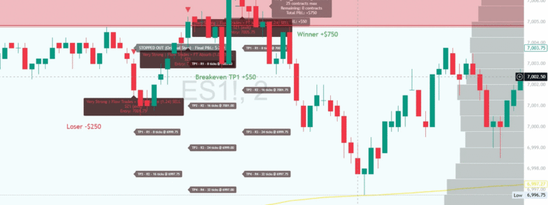 ES Supply/Demand Zone Trading Sequence - Alpha Flow Zones Trader Alpha Flow Zones Trader on ES showing 3 consecutive trades at supply and demand zones - one loss followed by two winners for net positive performance